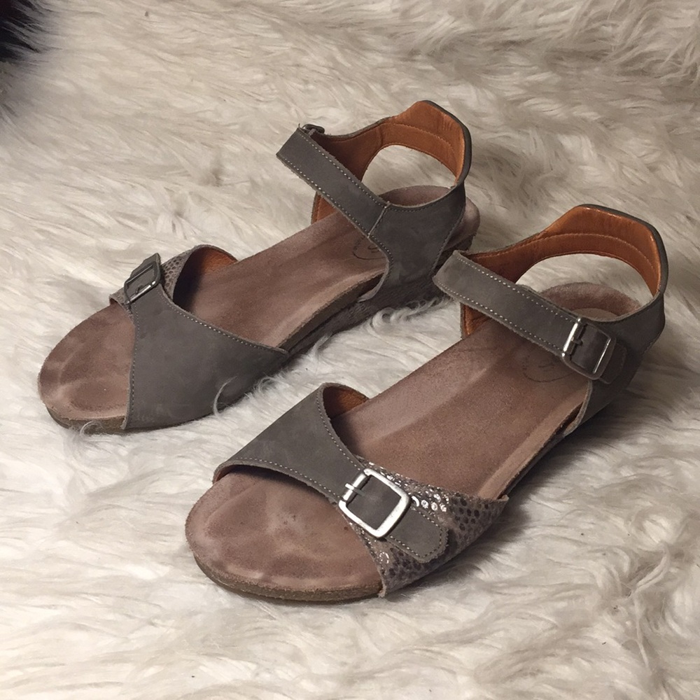 Taos gray suede snake wedge sandals